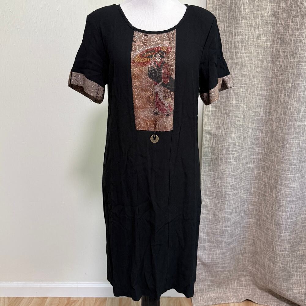 Vintage Tshirt Midi Dress M Petite Black Japanese Geisha Art Panel Art to Wear